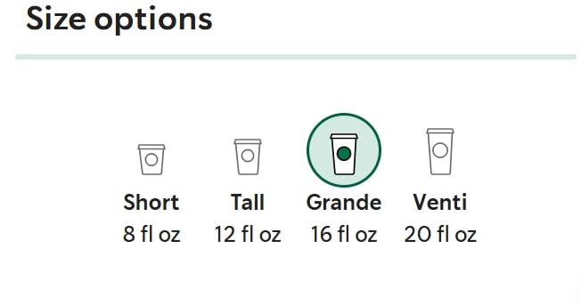 Starbucks Coffee Size Options